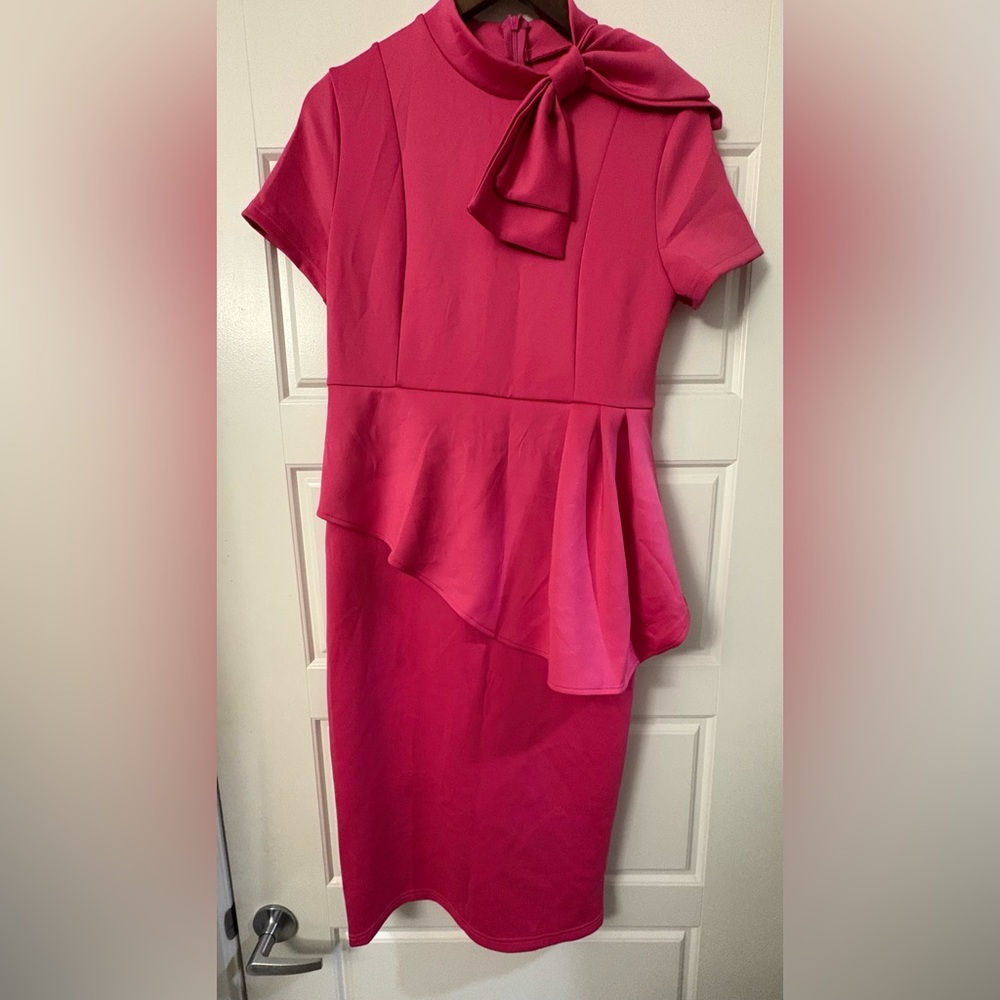 Women's Pink Peplum Midi Dress with Bow Neck - Picture 5 of 10